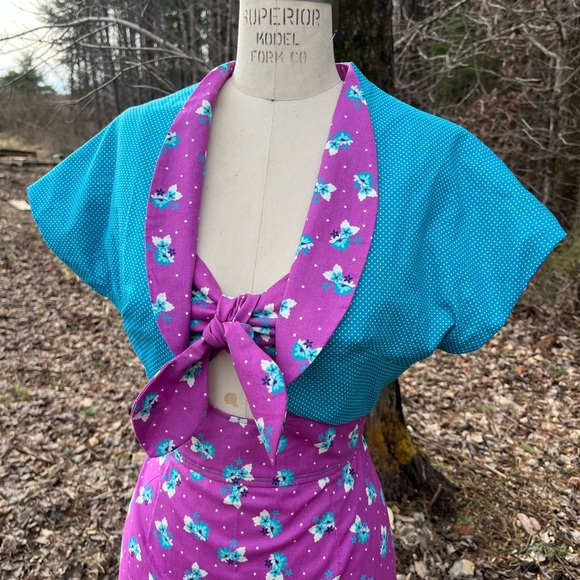 Purple & Teal Floral Dot Keyhole Retro Pinup Wiggle Dress w/Reversible Bolero - Picture 6 of 11